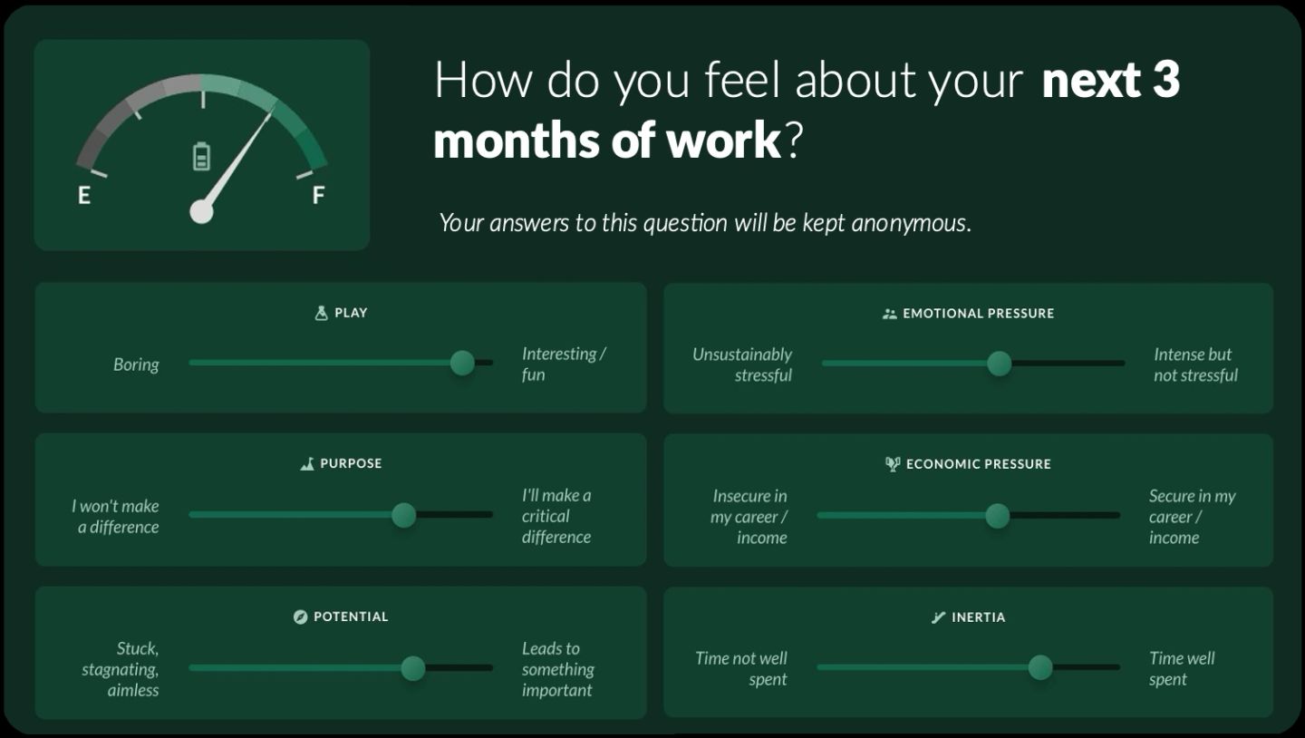 An anonymous survey asking how someone feels about their next three months of work. A fuel gauge sits at the top, and below it one slider per motive, each running between two plain-language ends: boring to interesting, I won't make a difference to I'll make a critical difference, stuck and aimless to leads to something important, unsustainably stressful to intense but not stressful, insecure to secure in my career, and time not well spent to time well spent.